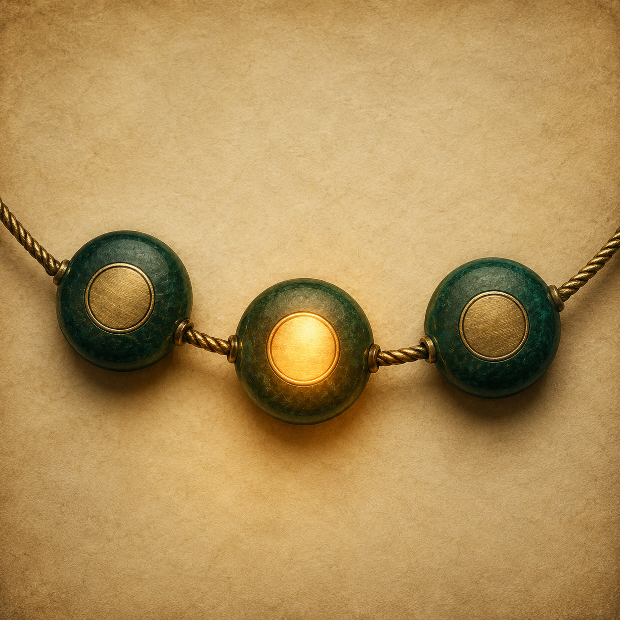 Three deep green prayer beads on a thread, with the centre bead glowing gold