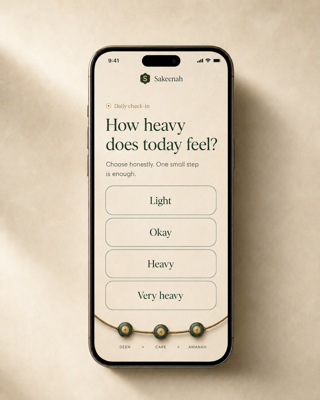 Sakeenah check-in screen asking how heavy today feels