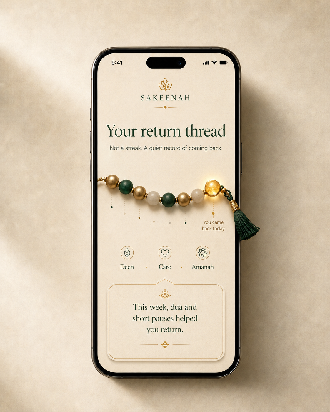 Sakeenah return thread screen showing recent beads without streak pressure