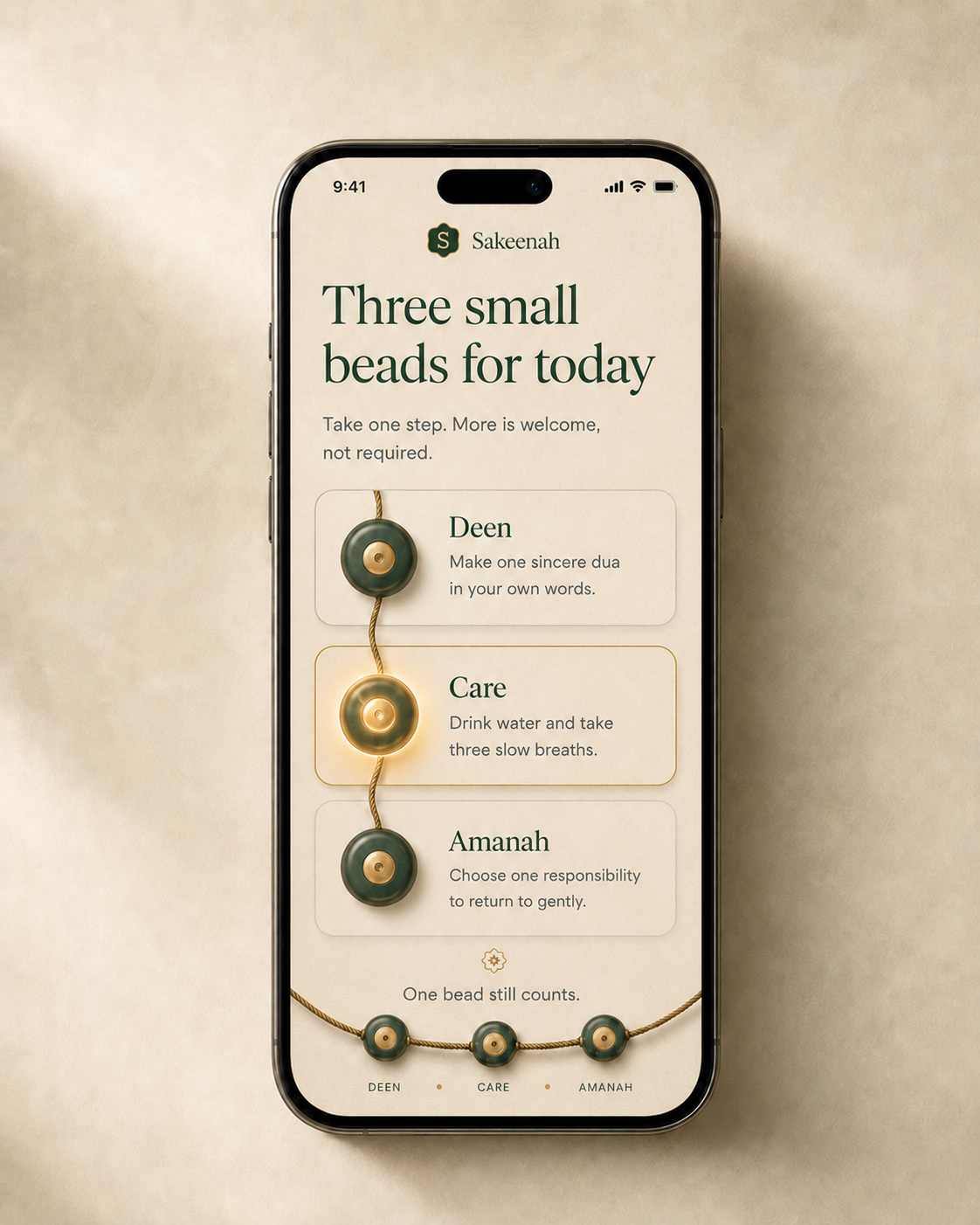 Sakeenah screen showing Deen, Care, and Amanah beads for today